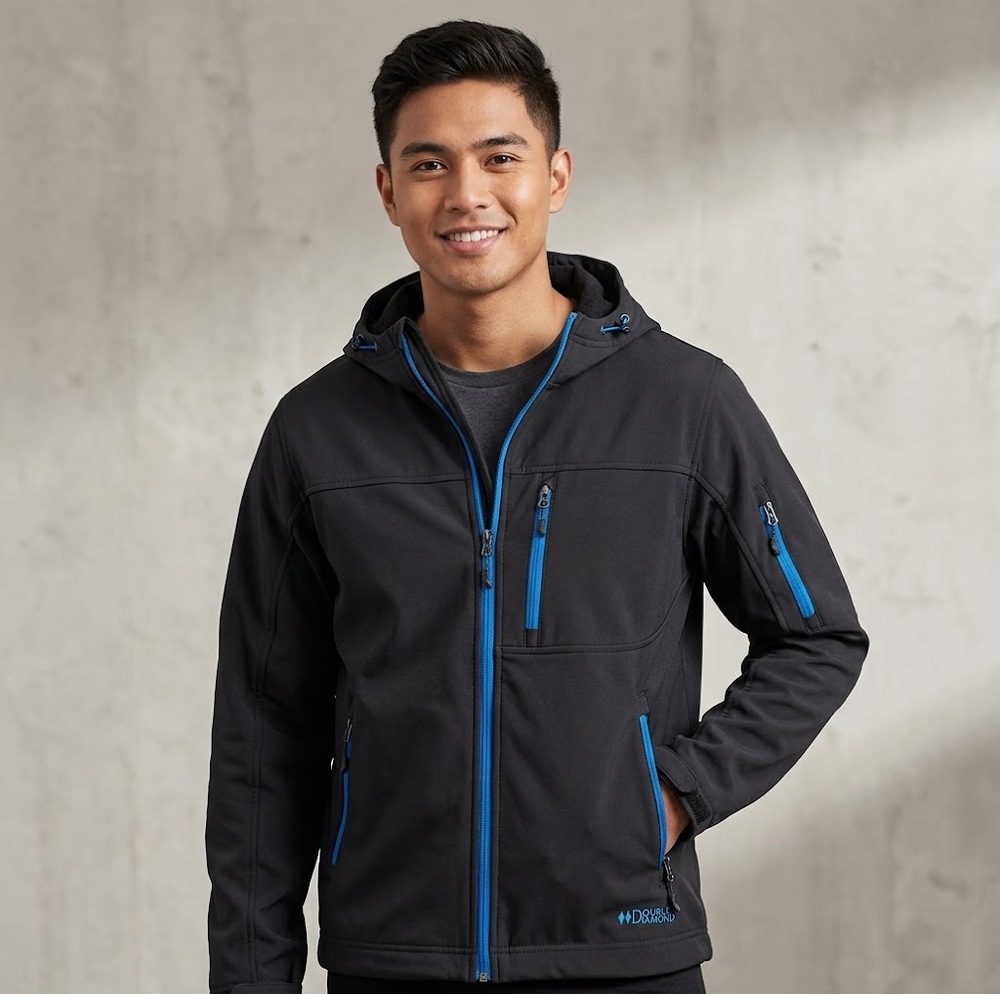 Double Diamond Men’s M Black Softshell Hooded Jacket Faux Fur Lined Blue Zip